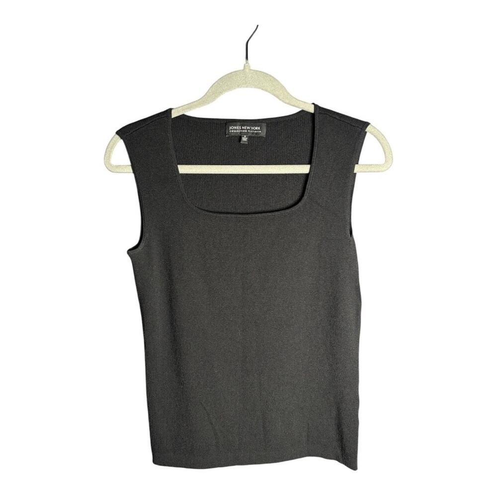 Jones New York Black Ribbed Sleeveless Square Neck Top Small